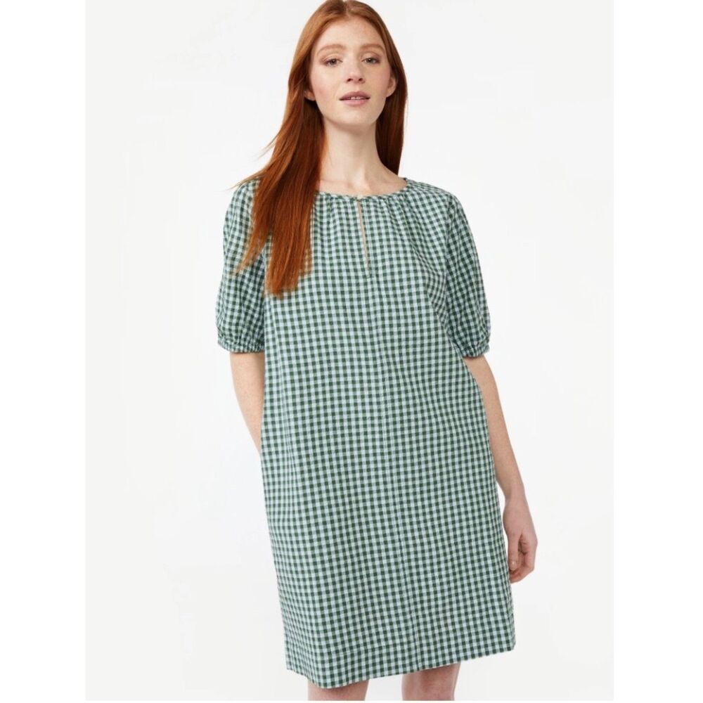 Free Assembly Green White Gingham Puff Sleeve Dress Cottagecore Pockets